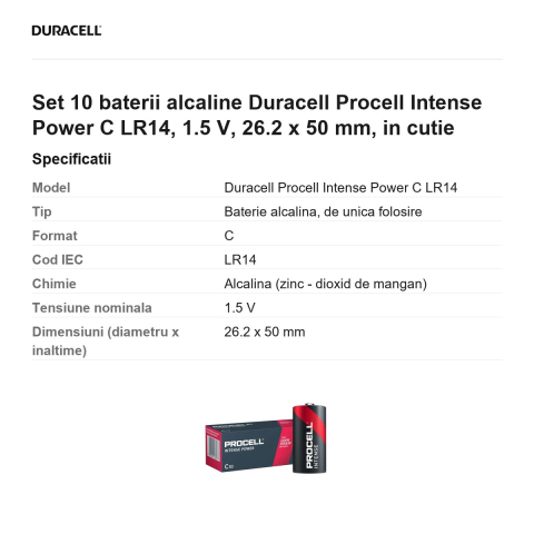 Set 10 baterii alcaline Duracell Procell Intense Power C LR14, 1.5 V, 26.2 x 50 mm, in cutie [2]