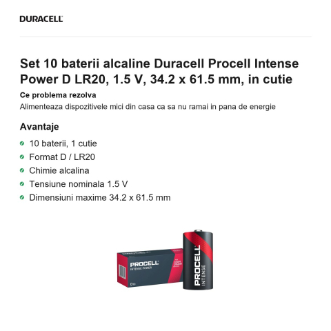 Set 10 baterii alcaline Duracell Procell Intense Power D LR20, 1.5 V, 34.2 x 61.5 mm, in cutie [1]