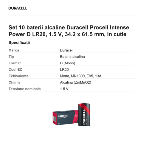 Set 10 baterii alcaline Duracell Procell Intense Power D LR20, 1.5 V, 34.2 x 61.5 mm, in cutie [2]