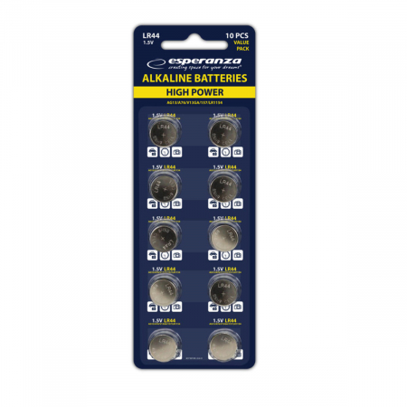 Baterii ceas alcaline - Set 10 baterii alcaline LR44 AG13, Esperanza 95801, tip buton, 1.5V, la blister