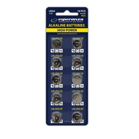 Baterii Butoni - Set 10 baterii alcaline LR54 AG10, Esperanza 95793, tip buton, 1.5V, la blister