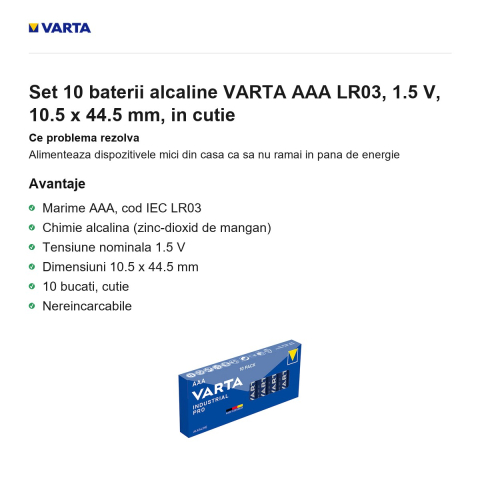 Set 10 baterii alcaline VARTA AAA LR03, 1.5 V, 10.5 x 44.5 mm, in cutie [1]