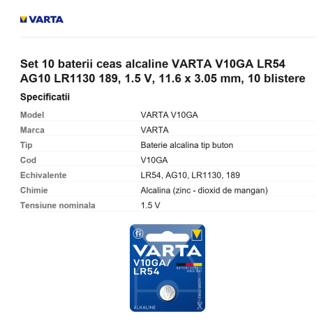 Set 10 baterii ceas alcaline VARTA V10GA LR54 AG10 LR1130 189, 1.5 V, 11.6 x 3.05 mm, 10 blistere [2]