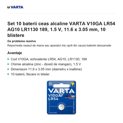 Set 10 baterii ceas alcaline VARTA V10GA LR54 AG10 LR1130 189, 1.5 V, 11.6 x 3.05 mm, 10 blistere [1]