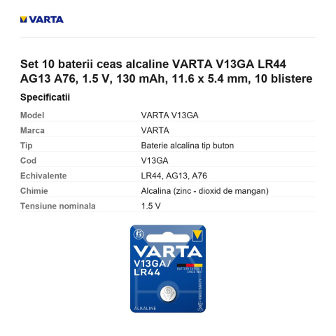 Set 10 baterii ceas alcaline VARTA V13GA LR44 AG13 A76, 1.5 V, 130 mAh, 11.6 x 5.4 mm, 10 blistere [2]