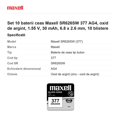 Set 10 baterii ceas Maxell SR626SW 377 AG4, oxid de argint, 1.55 V, 30 mAh, 6.8 x 2.6 mm, 10 blistere [2]