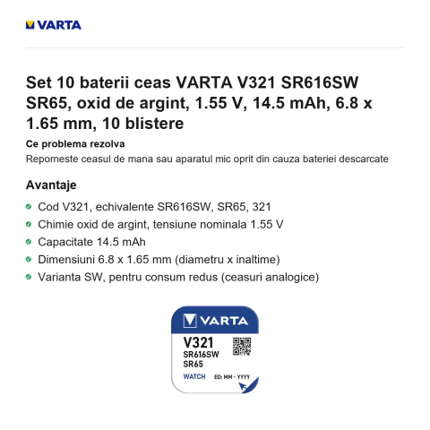 Set 10 baterii ceas VARTA V321 SR616SW SR65, oxid de argint, 1.55 V, 14.5 mAh, 6.8 x 1.65 mm, 10 blistere [1]