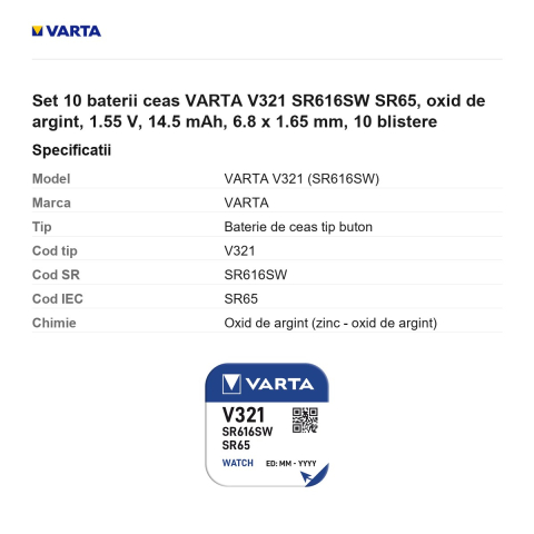 Set 10 baterii ceas VARTA V321 SR616SW SR65, oxid de argint, 1.55 V, 14.5 mAh, 6.8 x 1.65 mm, 10 blistere [2]