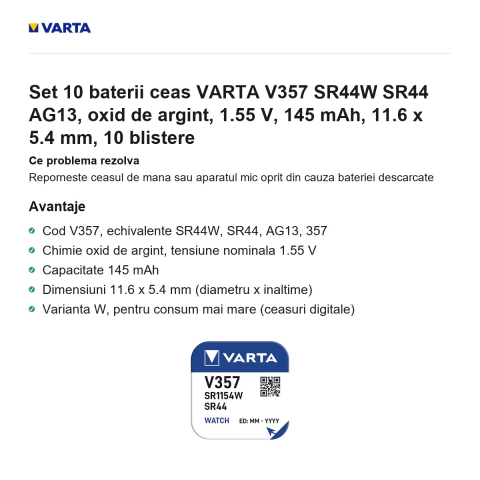 Set 10 baterii ceas VARTA V357 SR44W SR44 AG13, oxid de argint, 1.55 V, 145 mAh, 11.6 x 5.4 mm, 10 blistere [1]