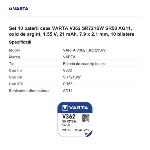 Set 10 baterii ceas VARTA V362 SR721SW SR58 AG11, oxid de argint, 1.55 V, 21 mAh, 7.9 x 2.1 mm, 10 blistere [2]