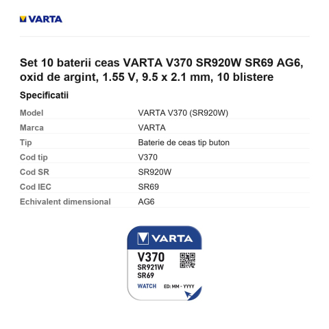 Set 10 baterii ceas VARTA V370 SR920W SR69 AG6, oxid de argint, 1.55 V, 9.5 x 2.1 mm, 10 blistere [2]