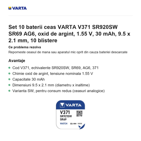 Set 10 baterii ceas VARTA V371 SR920SW SR69 AG6, oxid de argint, 1.55 V, 30 mAh, 9.5 x 2.1 mm, 10 blistere [1]