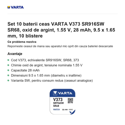Set 10 baterii ceas VARTA V373 SR916SW SR68, oxid de argint, 1.55 V, 28 mAh, 9.5 x 1.65 mm, 10 blistere [1]