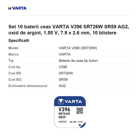 Set 10 baterii ceas VARTA V396 SR726W SR59 AG2, oxid de argint, 1.55 V, 7.9 x 2.6 mm, 10 blistere [2]