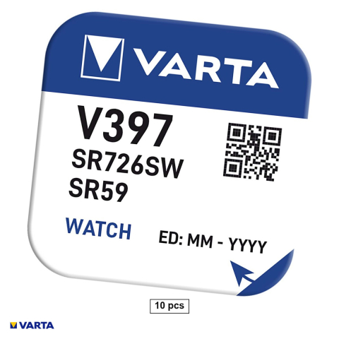 Energy - Set 10 baterii ceas VARTA V397 SR726SW SR59 AG2, oxid de argint, 1.55 V, 7.9 x 2.6 mm, 10 blistere