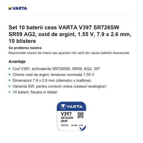 Set 10 baterii ceas VARTA V397 SR726SW SR59 AG2, oxid de argint, 1.55 V, 7.9 x 2.6 mm, 10 blistere [1]