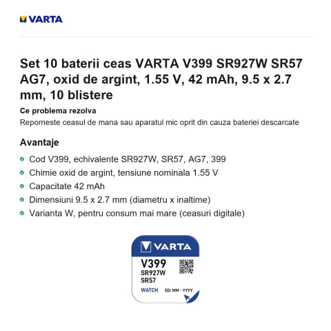 Set 10 baterii ceas VARTA V399 SR927W SR57 AG7, oxid de argint, 1.55 V, 42 mAh, 9.5 x 2.7 mm, 10 blistere [1]