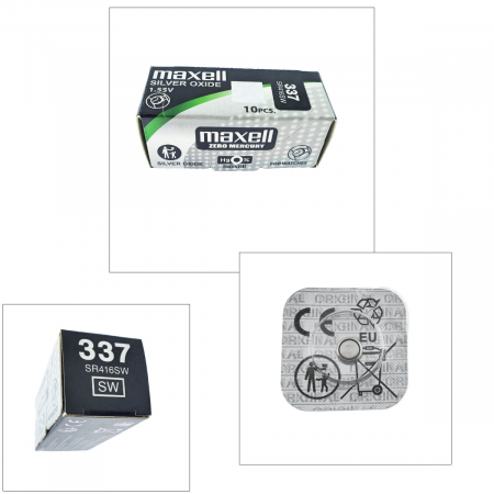 Set 10 baterii de ceas tip buton, Maxell SR416SW 337, 1.55V, 4.8mm diametru x 1.65mm inaltime, capacitate 8.3 mAh, oxid de argint, in blistere [1]