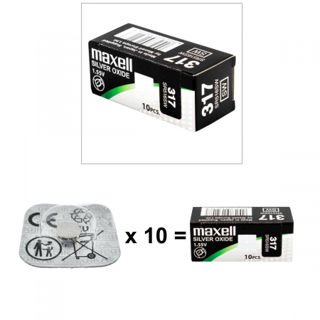 Set 10 baterii de ceas tip buton, Maxell SR516W 317, 1.55V, 5.8mm diametru x 1.65mm inaltime, capacitate 11.8 mAh, oxid de argint, in blistere [2]