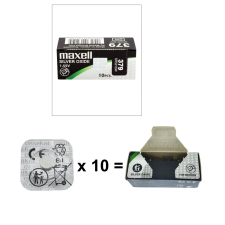 Set 10 baterii de ceas tip buton, Maxell SR521SW / 379 / AG0, 1.55V, 5.8mm diametru x 2.15mm inaltime, capacitate 13-16 mAh, oxid de argint, in blistere [2]