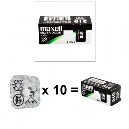 Set 10 baterii de ceas tip buton, Maxell SR527SW 319, 1.55V, 5.8mm diametru x 2.7mm inaltime, capacitate 17 mAh, oxid de argint, in blistere [2]