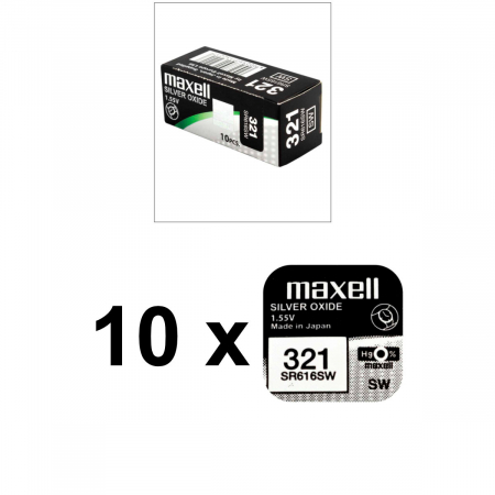 Set 10 baterii de ceas tip buton, Maxell SR616SW 321, 1.55V, 6.8mm diametru x 1.65mm inaltime, capacitate 15-16 mAh, oxid de argint, in blistere [2]