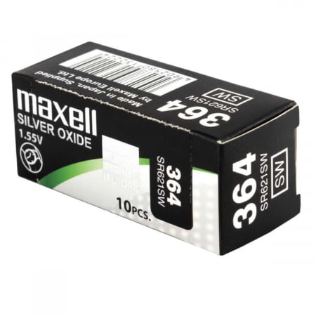 Baterii ceas Silver Oxide - Set 10 baterii de ceas tip buton, Maxell SR621SW (364) / 392 / AG1, 1.55V, 6.8mm diametru x 2.6mm inaltime, capacitate 30 mAh, high drain, oxid de argint, in blistere