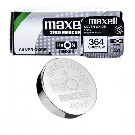 Set 10 baterii de ceas tip buton, Maxell SR621SW (364) / 392 / AG1, 1.55V, 6.8mm diametru x 2.6mm inaltime, capacitate 30 mAh, high drain, oxid de argint, in blistere [3]
