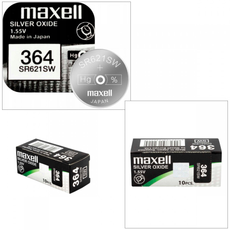 Set 10 baterii de ceas tip buton, Maxell SR621SW (364) / 392 / AG1, 1.55V, 6.8mm diametru x 2.6mm inaltime, capacitate 30 mAh, high drain, oxid de argint, in blistere [1]