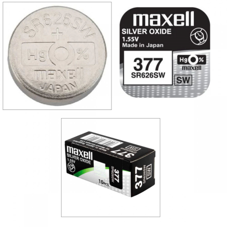 Set 10 baterii de ceas tip buton, Maxell SR626SW (377) AG4, 1.55V, 6.8mm diametru x 2.6mm inaltime, capacitate 30 mAh, low drain, oxid de argint, in blistere [1]