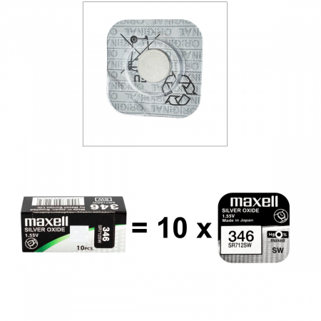 Set 10 baterii de ceas tip buton, Maxell SR712SW 346, 1.55V, 7.9mm diametru x 1.29mm inaltime, capacitate 10 mAh, oxid de argint, in blistere [1]