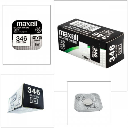 Set 10 baterii de ceas tip buton, Maxell SR712SW 346, 1.55V, 7.9mm diametru x 1.29mm inaltime, capacitate 10 mAh, oxid de argint, in blistere [2]