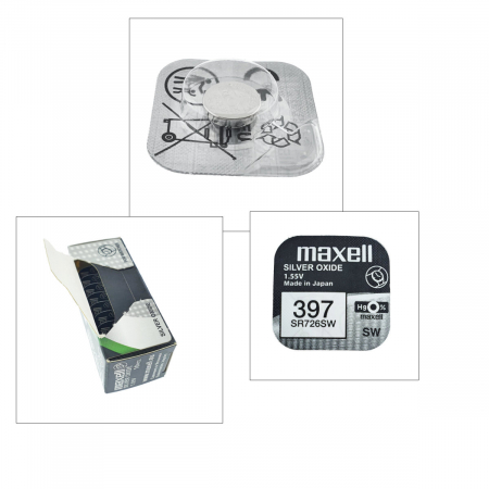 Set 10 baterii de ceas tip buton, Maxell SR726SW / 397 / AG2, 1.55V, 7.9mm diametru x 3.1mm inaltime, capacitate 36 mAh, oxid de argint, in blistere [4]