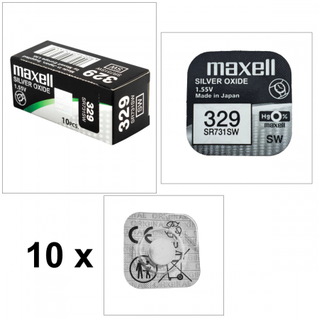 Set 10 baterii de ceas tip buton, Maxell SR731SW 329, 1.55V, 7.9mm diametru x 3.1mm inaltime, capacitate nominala 36 mAh, oxid de argint, in blistere [1]