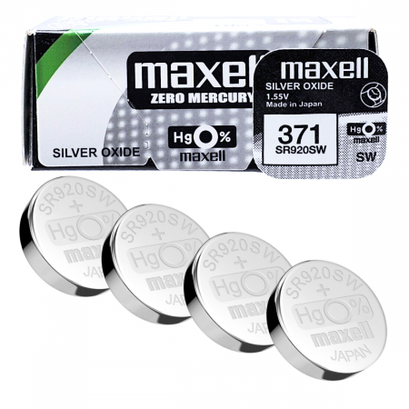 Set 10 baterii de ceas tip buton, Maxell SR920SW (371) AG6, 1.55V, 9.5mm diametru x 2.05mm inaltime, capacitate 45 mAh, low drain, oxid de argint, in blistere [2]