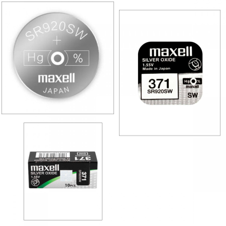 Set 10 baterii de ceas tip buton, Maxell SR920SW (371) AG6, 1.55V, 9.5mm diametru x 2.05mm inaltime, capacitate 45 mAh, low drain, oxid de argint, in blistere [3]