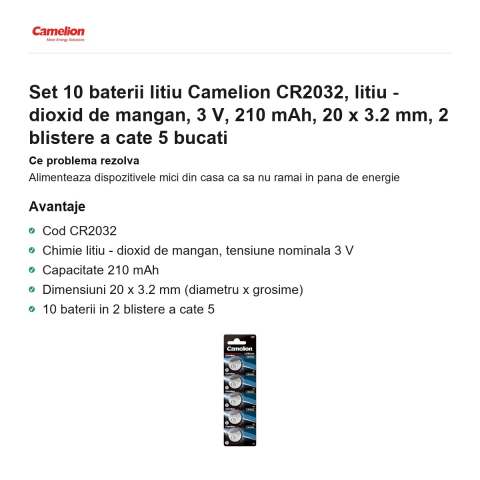 Set 10 baterii litiu Camelion CR2032, litiu - dioxid de mangan, 3 V, 210 mAh, 20 x 3.2 mm, 2 blistere a cate 5 bucati [1]