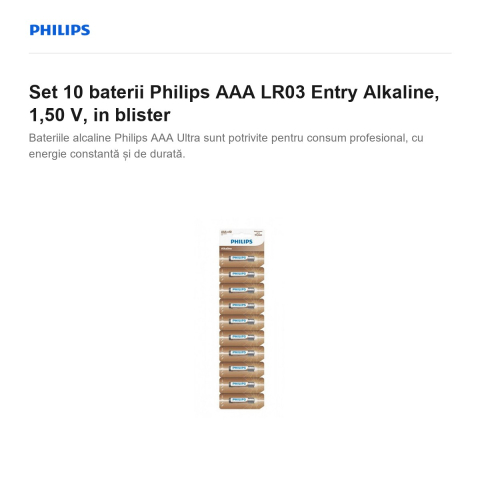 Set 10 baterii Philips AAA LR03 Entry Alkaline, 1,50 V, in blister [1]