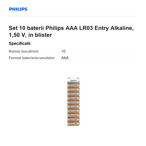 Set 10 baterii Philips AAA LR03 Entry Alkaline, 1,50 V, in blister [2]