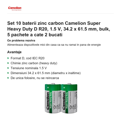 Set 10 baterii zinc carbon Camelion Super Heavy Duty D R20, 1.5 V, 34.2 x 61.5 mm, bulk, 5 pachete a cate 2 bucati [1]