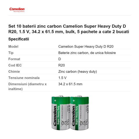 Set 10 baterii zinc carbon Camelion Super Heavy Duty D R20, 1.5 V, 34.2 x 61.5 mm, bulk, 5 pachete a cate 2 bucati [2]