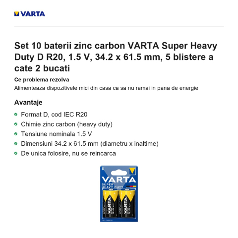 Set 10 baterii zinc carbon VARTA Super Heavy Duty D R20, 1.5 V, 34.2 x 61.5 mm, 5 blistere a cate 2 bucati [1]