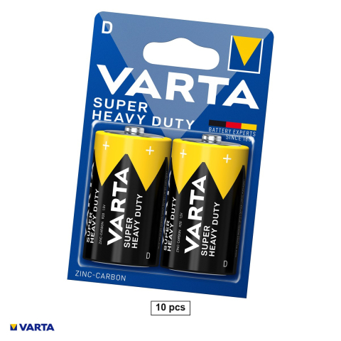 Baterii Heavy Duty R20 - Set 10 baterii zinc carbon VARTA Super Heavy Duty D R20, 1.5 V, 34.2 x 61.5 mm, 5 blistere a cate 2 bucati