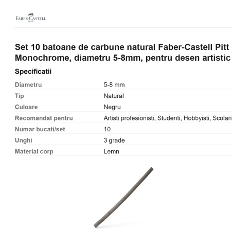 Set 10 batoane de carbune natural Faber-Castell Pitt Monochrome, diametru 5-8mm, pentru desen artistic [2]
