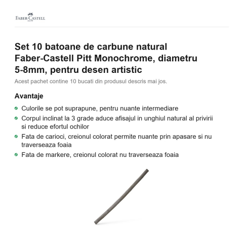 Set 10 batoane de carbune natural Faber-Castell Pitt Monochrome, diametru 5-8mm, pentru desen artistic [1]