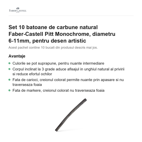 Set 10 batoane de carbune natural Faber-Castell Pitt Monochrome, diametru 6-11mm, pentru desen artistic [1]