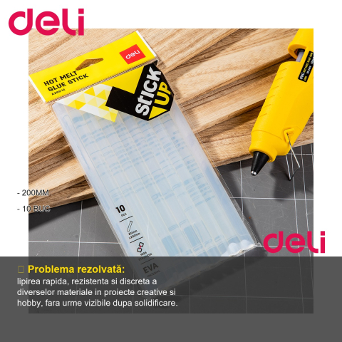 Set 10 batoane lipici transparent hot melt Deli, 11x200 mm, compatibil cu pistoale de lipit [1]