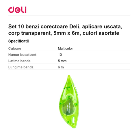 Set 10 benzi corectoare Deli, aplicare uscata, corp transparent, 5mm x 6m, culori asortate [2]