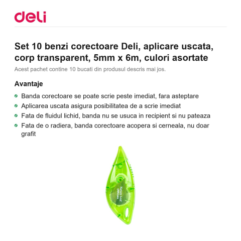 Set 10 benzi corectoare Deli, aplicare uscata, corp transparent, 5mm x 6m, culori asortate [1]