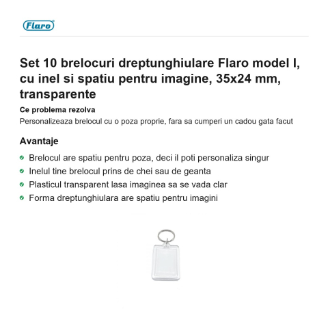 Set 10 brelocuri dreptunghiulare Flaro model I, cu inel si spatiu pentru imagine, 35x24 mm, transparente [1]